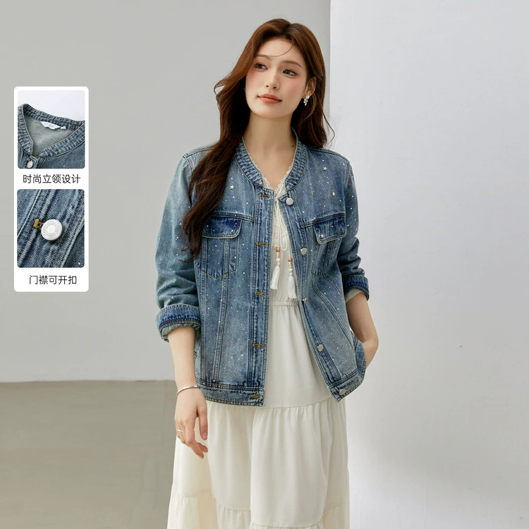 [Американский ретро Danning Fengxinghe горячего бриллиантового джинсового пиджака] Funshiu большой размер женский толстый мм весенний новый