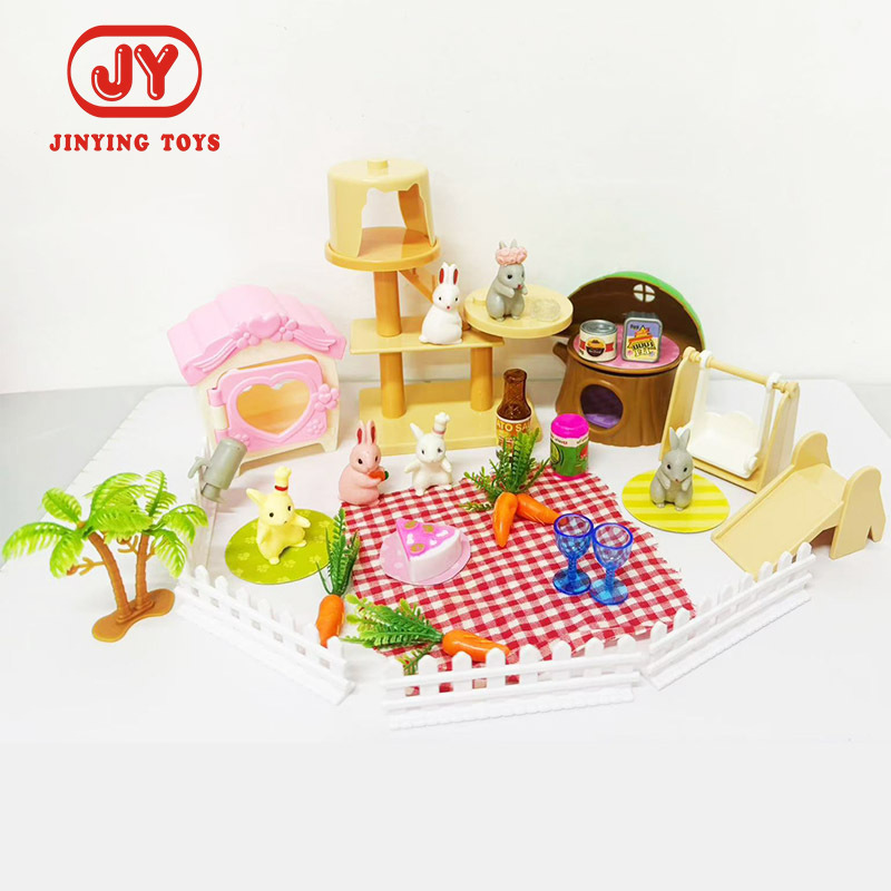 Niños transfronterizos mascotas juegos de la casa juguetes dibujos animados gato perro hámster modelo decoración dinosaurio árbol casa traje de campamento lote