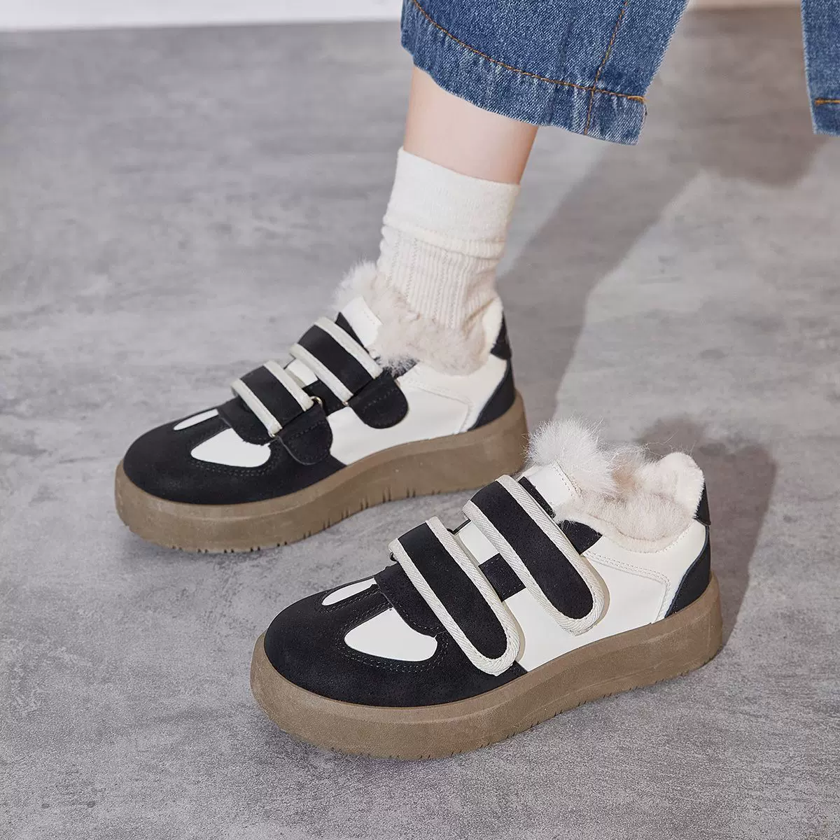 名典厚底毛毛鞋女外穿2024新款高颜值保暖棉鞋女魔术贴加绒板鞋女