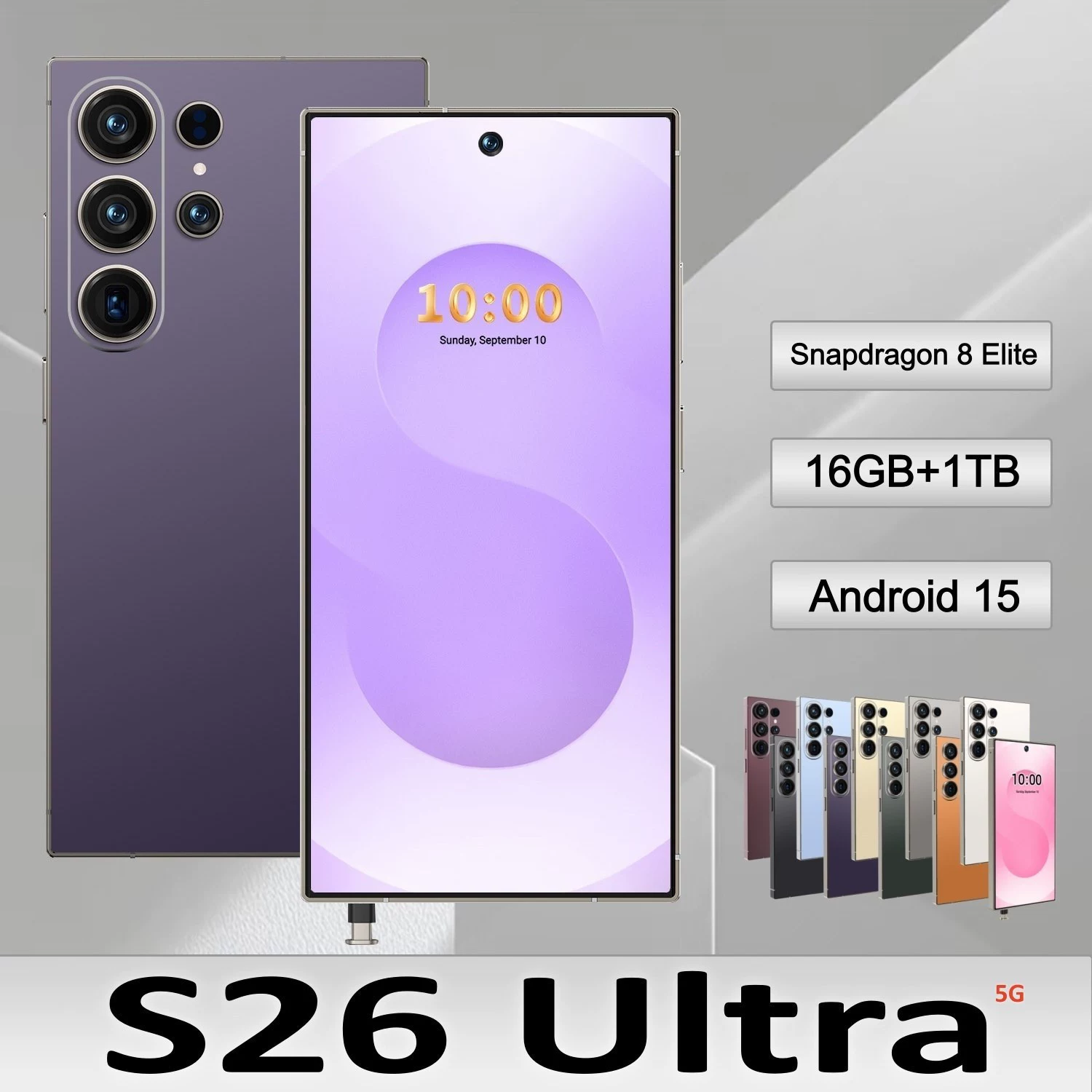Smartphone S26Ultra, large-screen Android 15 with built-in pen — multi‑color options