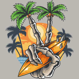 手骨头椰子树烫画现货 手指拿着冲浪板热转印烫画环保耐水洗高弹