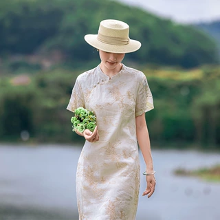 国风改良旗袍裙苎麻刺绣素雅小立领短袖侧开叉连衣裙2024夏季新款