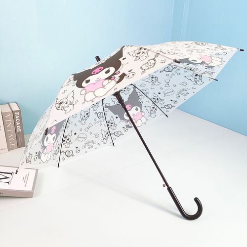 Factory Wholesale Sandpaper Transparent Umbrella Children Cartoon Student Umbrella Sanrio Kuromi Long Handle Automatic Transparent Umbrella