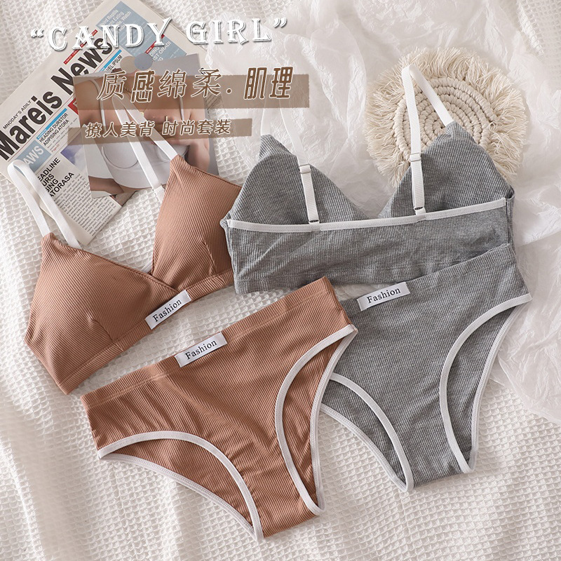 High-grade French triangle cup Morandi pure cotton gathered chest pad beauty back underwear triangle shorts suit women