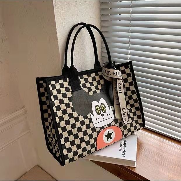 帆布包女大容量包包新款复古棋盘格子包手提潮流托特包便携上班包