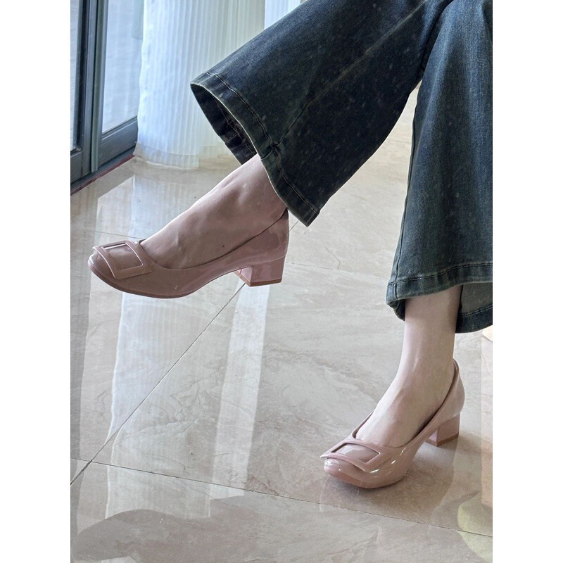 Sheepskin Version ~ French Nude Pink Flats with Square Buckle and Round Toe, Gentle Style High Heels, Versatile Shallow Mouth Work Clothing Thick Heels