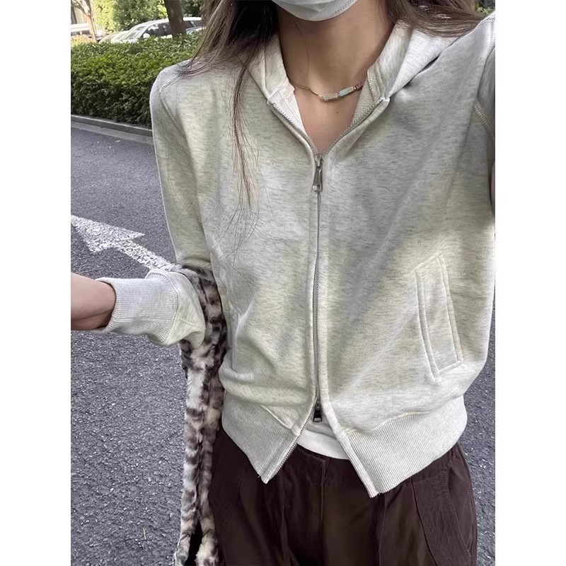 灰色短款连帽卫衣外套女款初秋2025新款拉链修身大衣内搭显瘦上衣|undefined