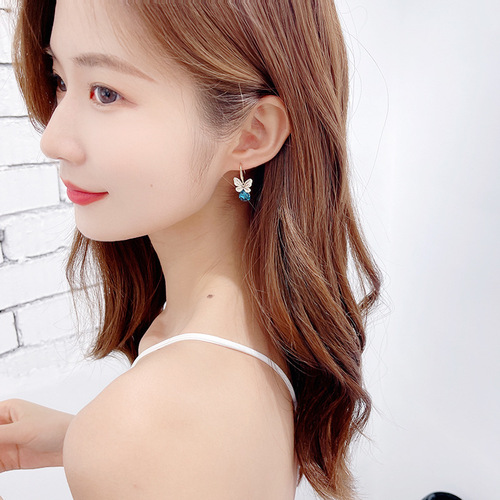  Spring and Summer New Korean Style Earrings Simple Micro-Inlaid Zircon Ear Hooks Blue Crystal Butterfly Earrings