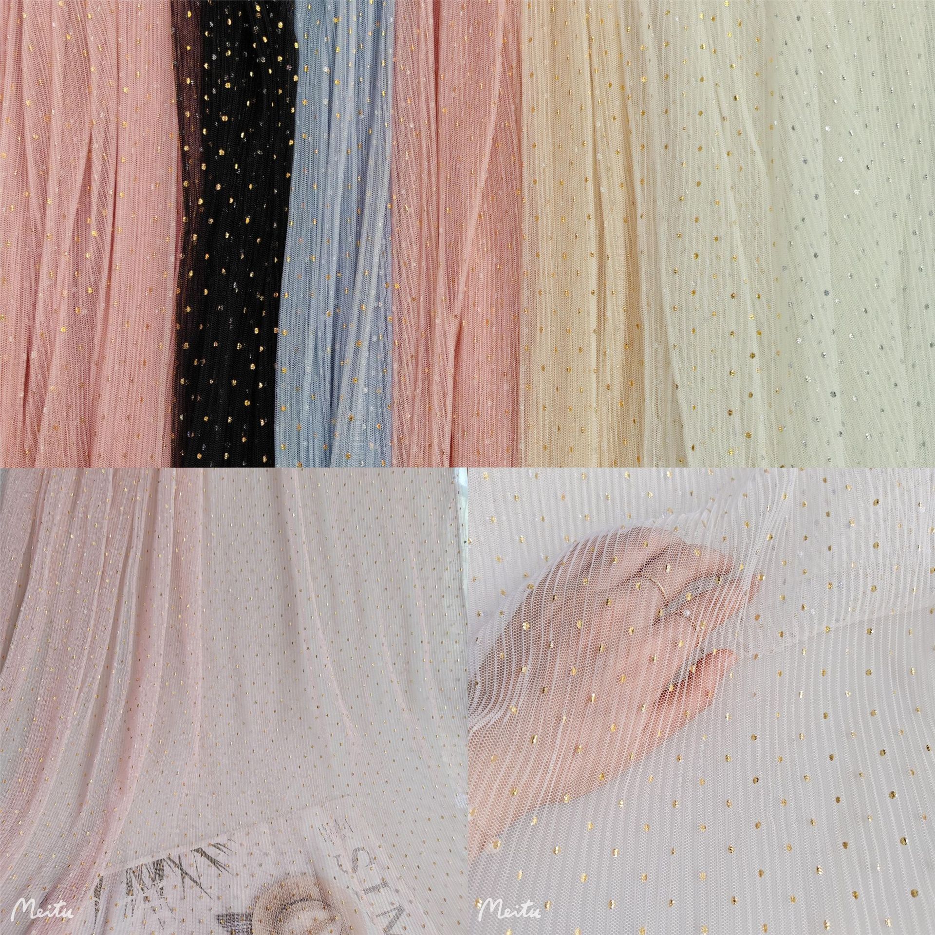 新款~仙气款涤纶36A六角网纱小圆点烫金银压0.4牙签褶 裙装等面料