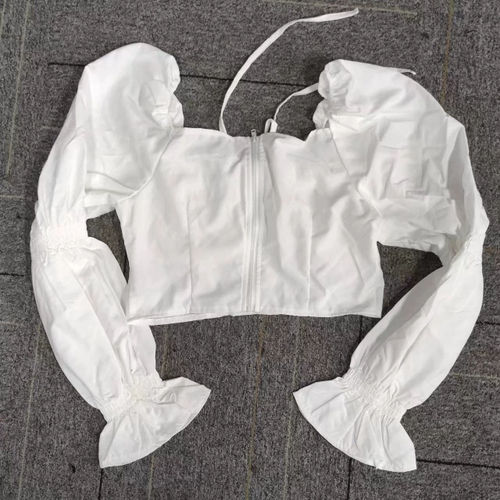 Y2K Slim Blouses Women Bow Backless Puff Long Sleeve Crop Top