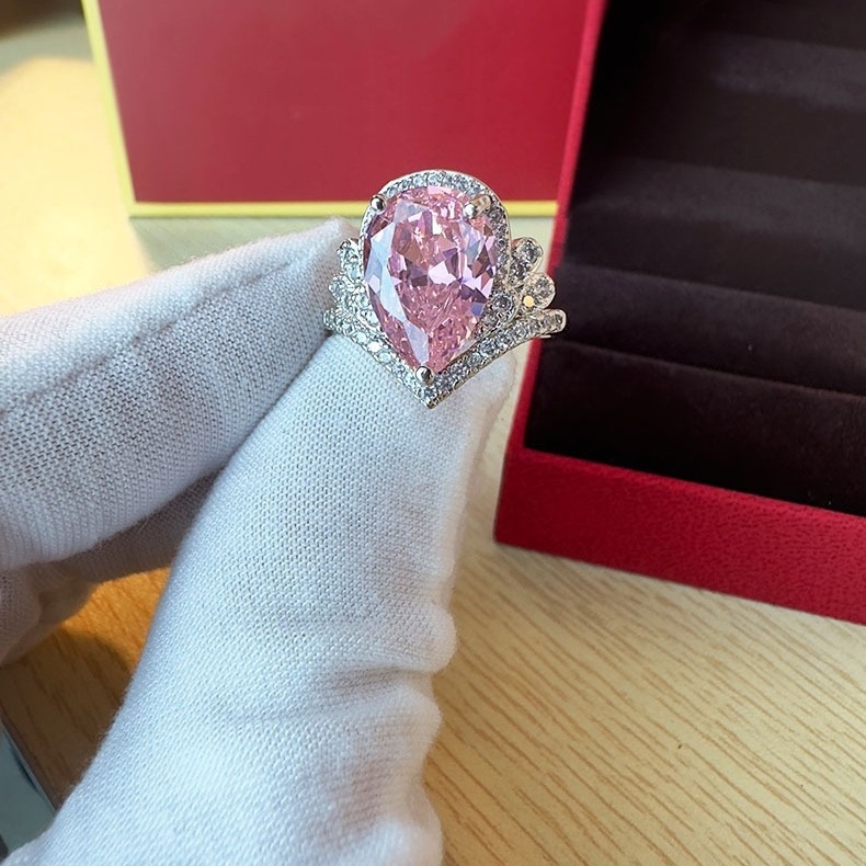 Textured Fashion Women's Ring European and American Luxury Simulated Moissanite Drop-Shaped Cherry Blossom Pink Diamond Open Engagement Diamond Ring