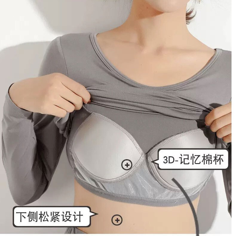Spring and Autumn Modal Long-Sleeve Thermal Underwear with Built-In Bra Pads, Large Size Pullover Loungewear Set Spring and Autumn Modal Long-Sleeve Thermal Underwear with Built-In Bra Pads, Large Size Pullover Loungewear Set