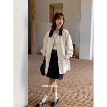 韩系撞色翻领风衣外套女2024春季高级感中长款宽松拉链工装上衣潮