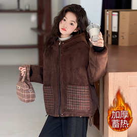 女童格子两面穿保暖连帽款棉服棉衣毛呢立领复古冬季棉服外套百搭