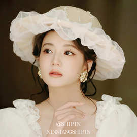 新款法式礼帽白色蕾丝花边新娘结婚配饰优雅复古婚纱礼服帽子饰品