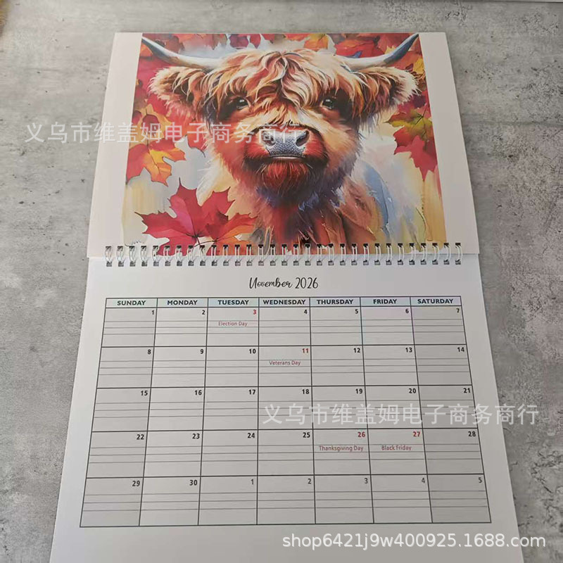 高地牛日历2026 Highland Cow Calendar 2026 家庭办公室装饰挂历|undefined