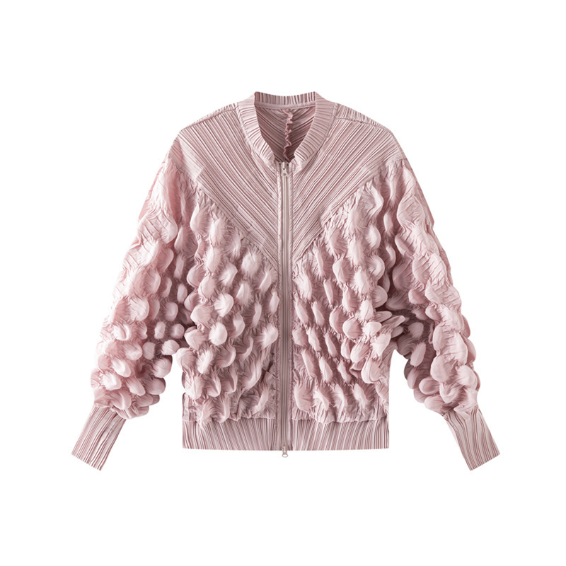 Miyake Japanese-Style Chic Pleated Bubble Design Thin Strap Long-Sleeve Top Women's Zip-Up Jacket Loose Fit Age-Reducing