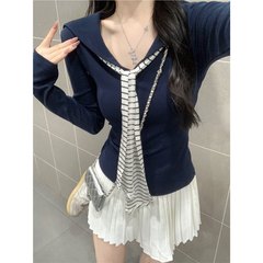 1*1随心裁撞色条纹海军领飘带长袖T恤女秋学院风修身显瘦打底上衣