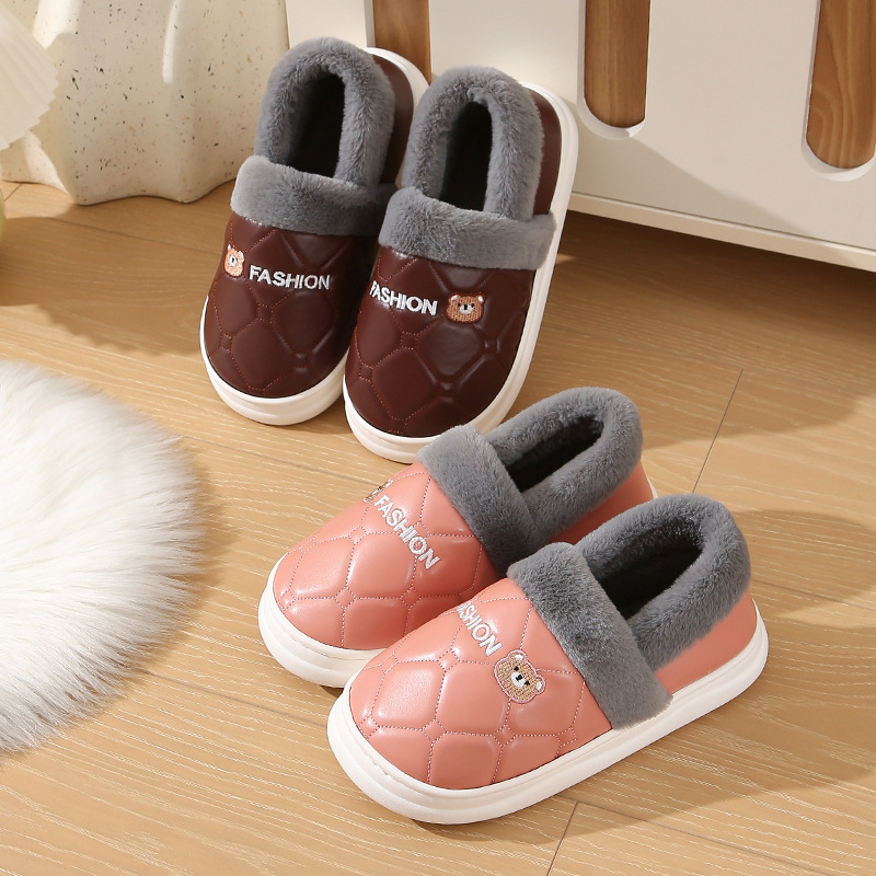3.5CM厚底、ヒール付き、綿入りスリッパ、女性用、25新作、PUレザー、防水、秋冬、産後、屋外でも履ける、男性用、毛皮スリッパ|undefined