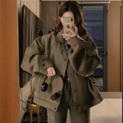 大码美式复古工装外套女2025新款秋季气质高级感夹克胖MM显瘦上衣