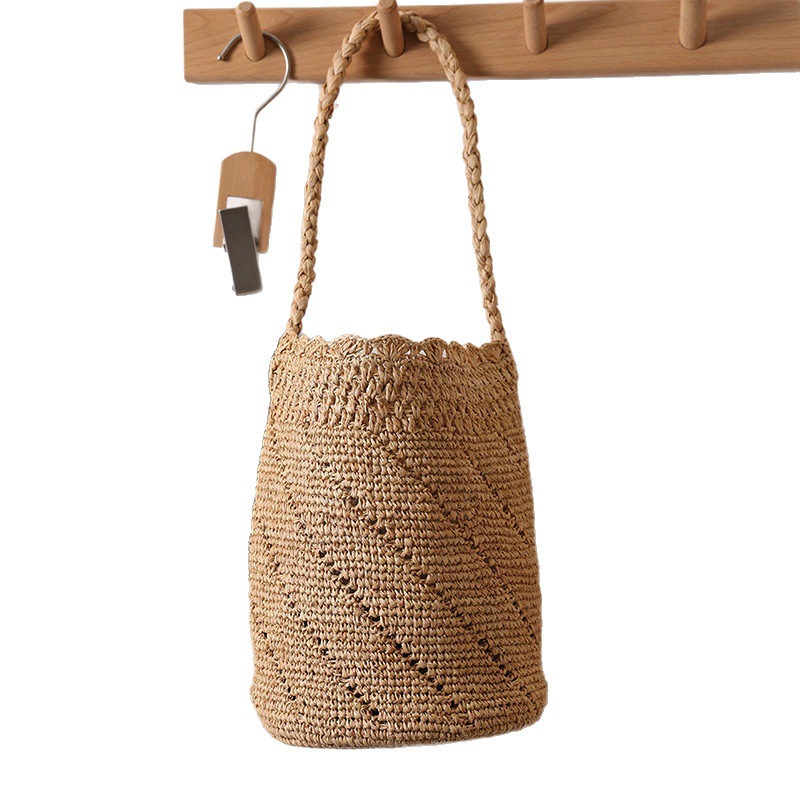 Luxury Crochet Raffia Shoulder Bag Hollow Lace Handheld Bucket Woven Bag Women's Vacation Beach Bag - Thumbnail 5