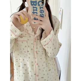 跨境专供外贸韩系少女感可爱ins蝴蝶结碎花纱布睡衣宽松舒适套装