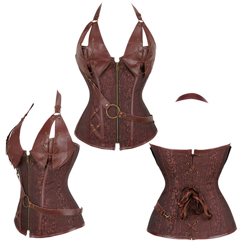 European and American hot leather clothes uniforms, steel frame metal punk waist black brown leather hanging neck court corset