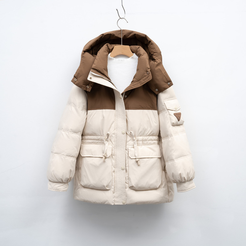Pinghu Loose Color-block Hooded Warm Winter Bread Clothing White Duck Down Zipper Long-sleeved Thickened Down Jacket Jacket
