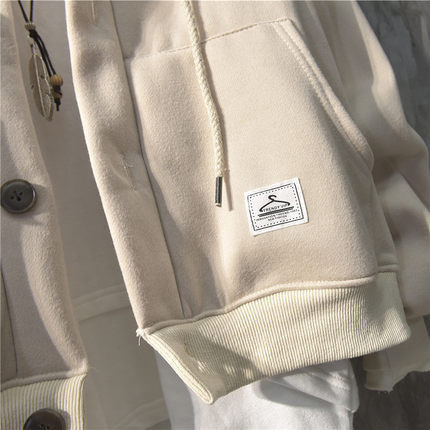 Design of autumn and winter INS pocket labels for men's hooded coats, Korean style, trendy, large size, loose fit, trendy brand, button opening, hoodie sweatshirt