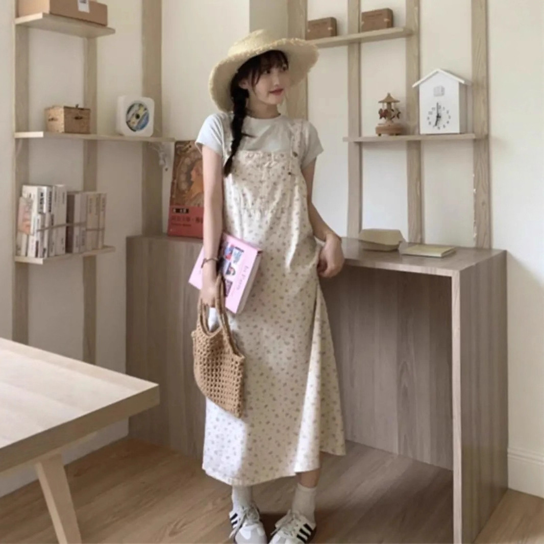 森系小碎花牛仔背带连衣裙女夏季韩版宽松休闲俏皮减龄温柔风长裙