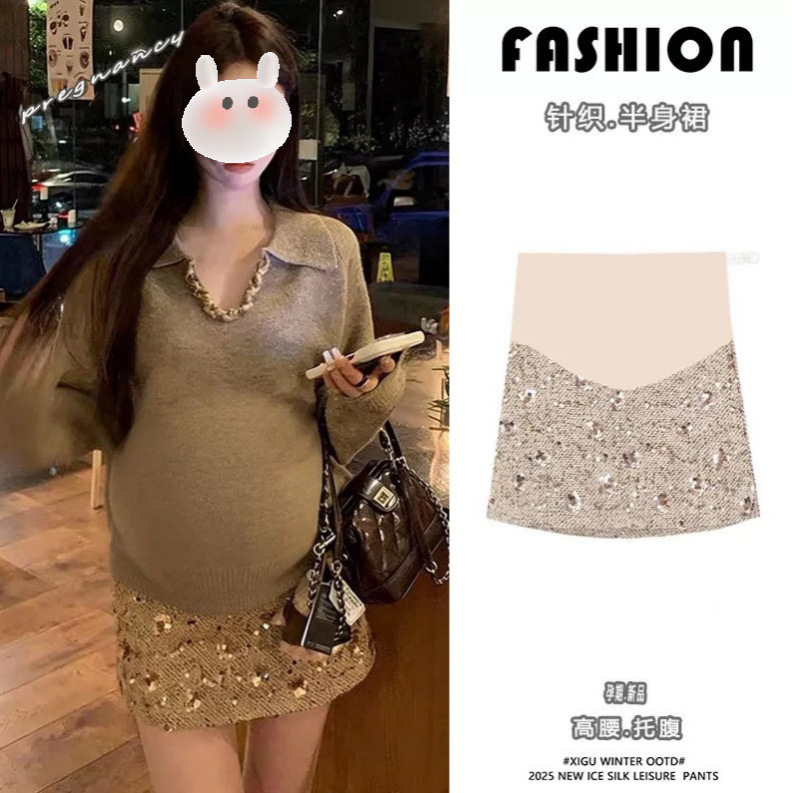 Maternity Fashion Set: Women's Heavy-Duty Woven Lapel Sweater and Sequined Belly-Supporting Skirt Two-Piece Set