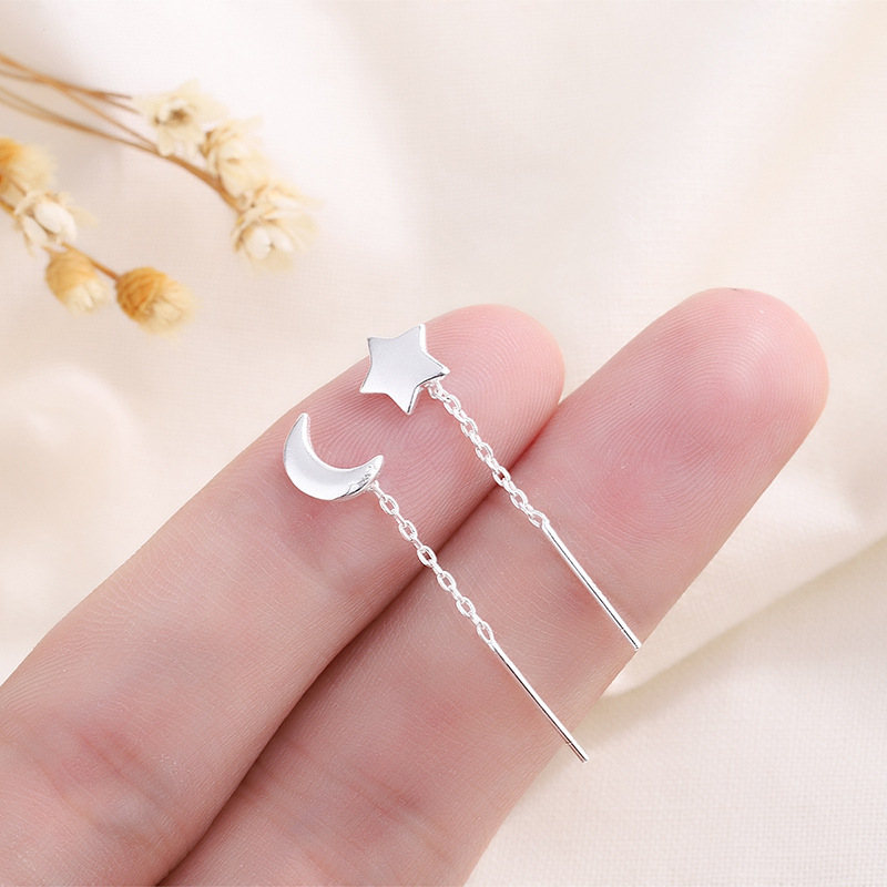 S925韓國簡約氣質短款百搭耳線星星月亮不對稱耳飾批發