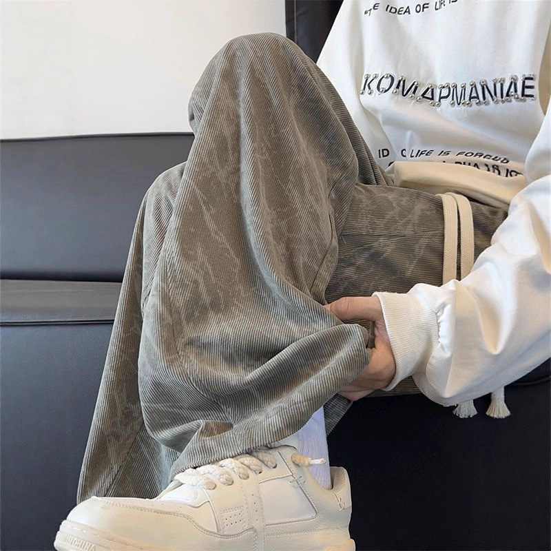 Tie-Dye Corduroy Pants for Men, Spring and Autumn Style, Straight Loose Comfortable Long Pants, American Style Heavy-Duty Casual Cool Wide-Leg Pants