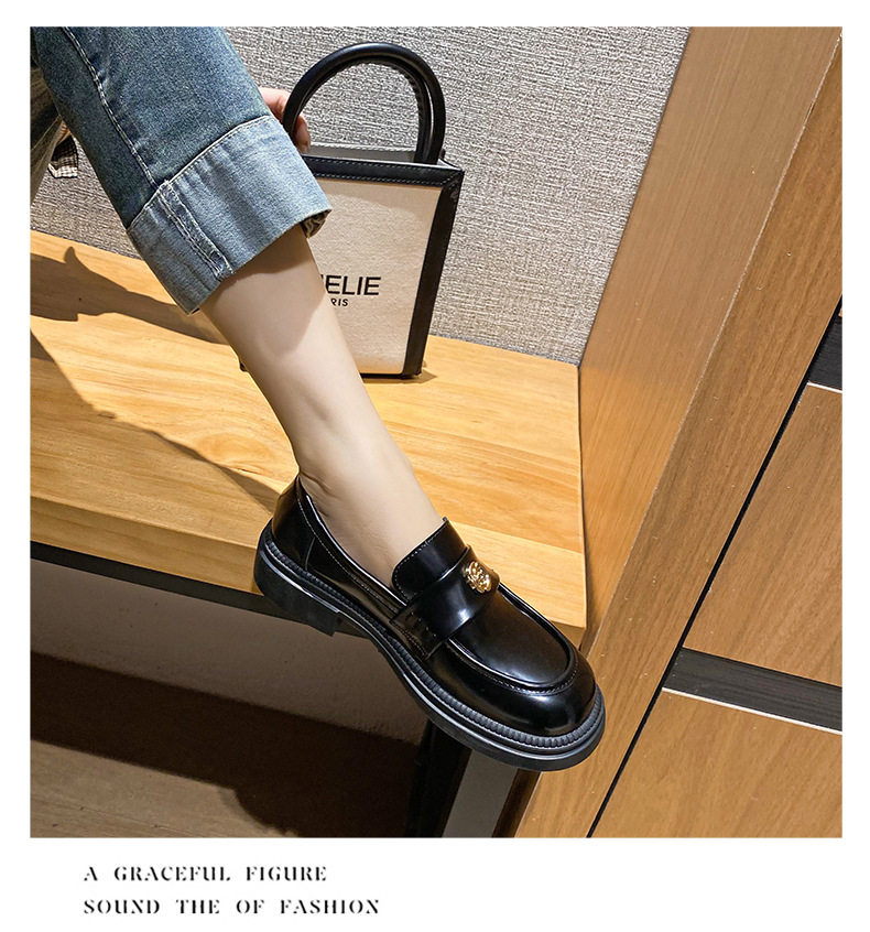 Giày lười nữ da phong cách Anh khóa xu, đế dày gót 3–5 cm, mũi tròn, size lớn — Màu Đen/lót nhung, Màu đen/lót một lớp chi tiết 15