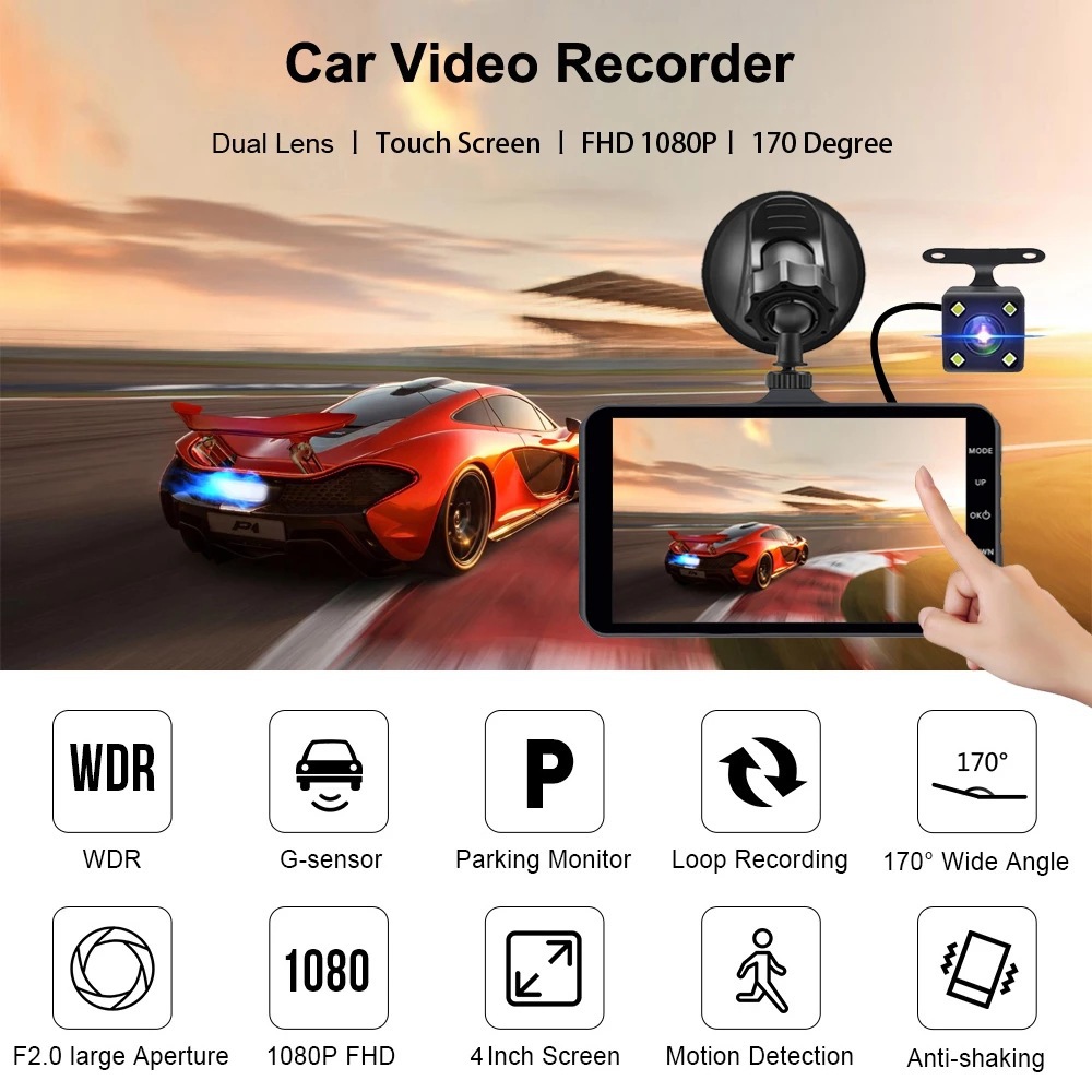 Cross-Border Bestseller Touchscreen Dual-Lens Dash Cam Hd 1080P Aluminum Alloy Front and Rear Dual Recording Car Camera
