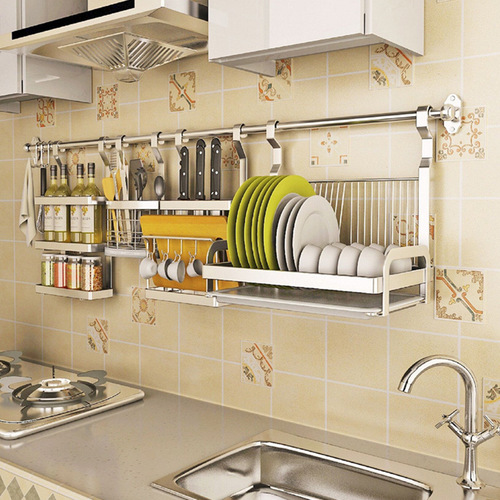 厨房调料置物架免打孔挂墙壁挂式不锈钢挂杆碗架沥水架碗碟收纳架