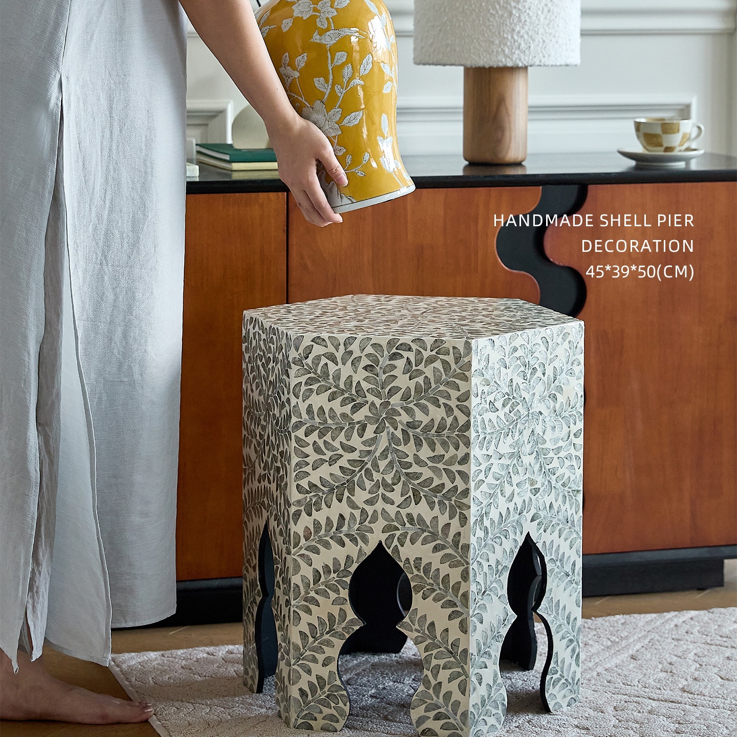 迷屿家居中古风沙发移动小茶几边柜越南进口绿贝装饰边几角几托J&