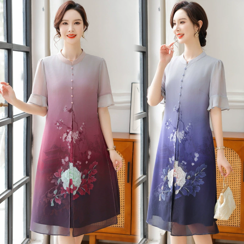 Летнее платье для мамы, улучшенная юбка-чонсам, большой размер, закрывающий 50 и 50 лет, достойное и элегантное платье среднего возраста для модных женщин.