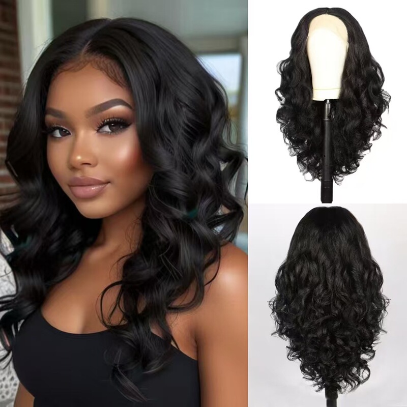 T Lace Wig European and American Wig Ladies Long Curly Hair Black Big Wave Chemical Fiber Wig Headgear Lace Wigs