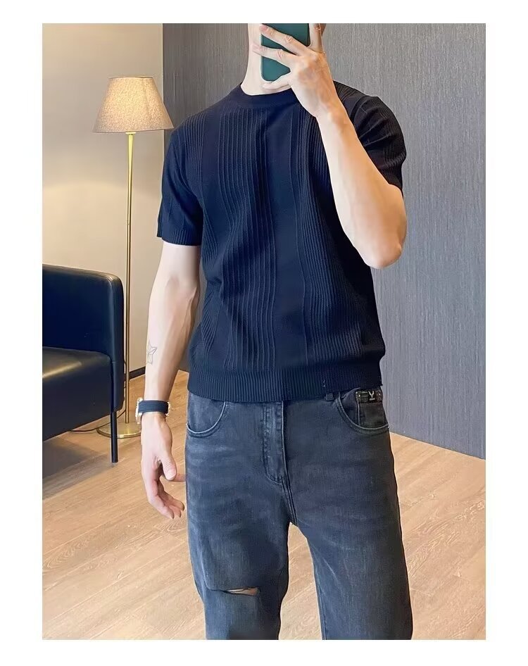 Men's Slim Fit Ice Silk Knit T-Shirt Short Sleeves Round Neck Summer Style Vertical Stripes Mature Simple Design_viptrois.com