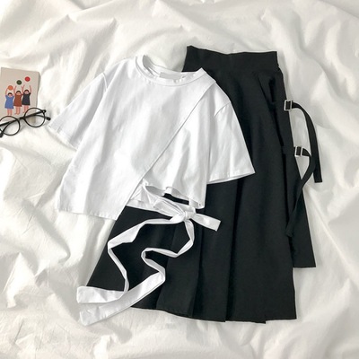 summer suit Little student Korean Edition Irregular Bandage Short sleeved T-shirt Mid length version skirt Two piece set