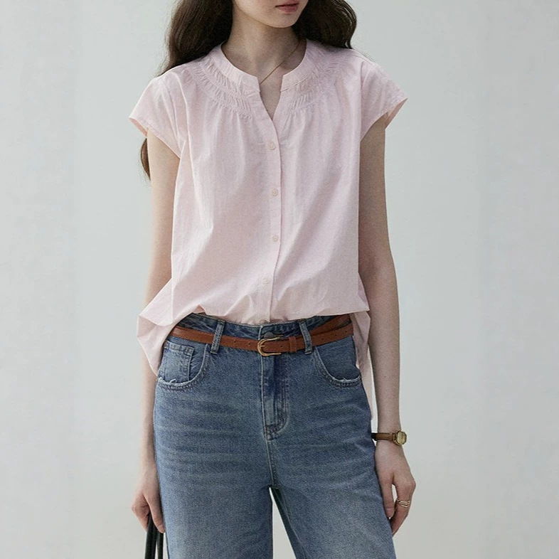 Mustard Pie Vooe Pink Round Neck Small Flying Sleeve Commuter Shirt for Women 25 Summer Loose Pleated Casual Top Mustard Pie Vooe Pink Round Neck Small Flying Sleeve Commuter Shirt for Women 25 Summer Loose Pleated Casual Top