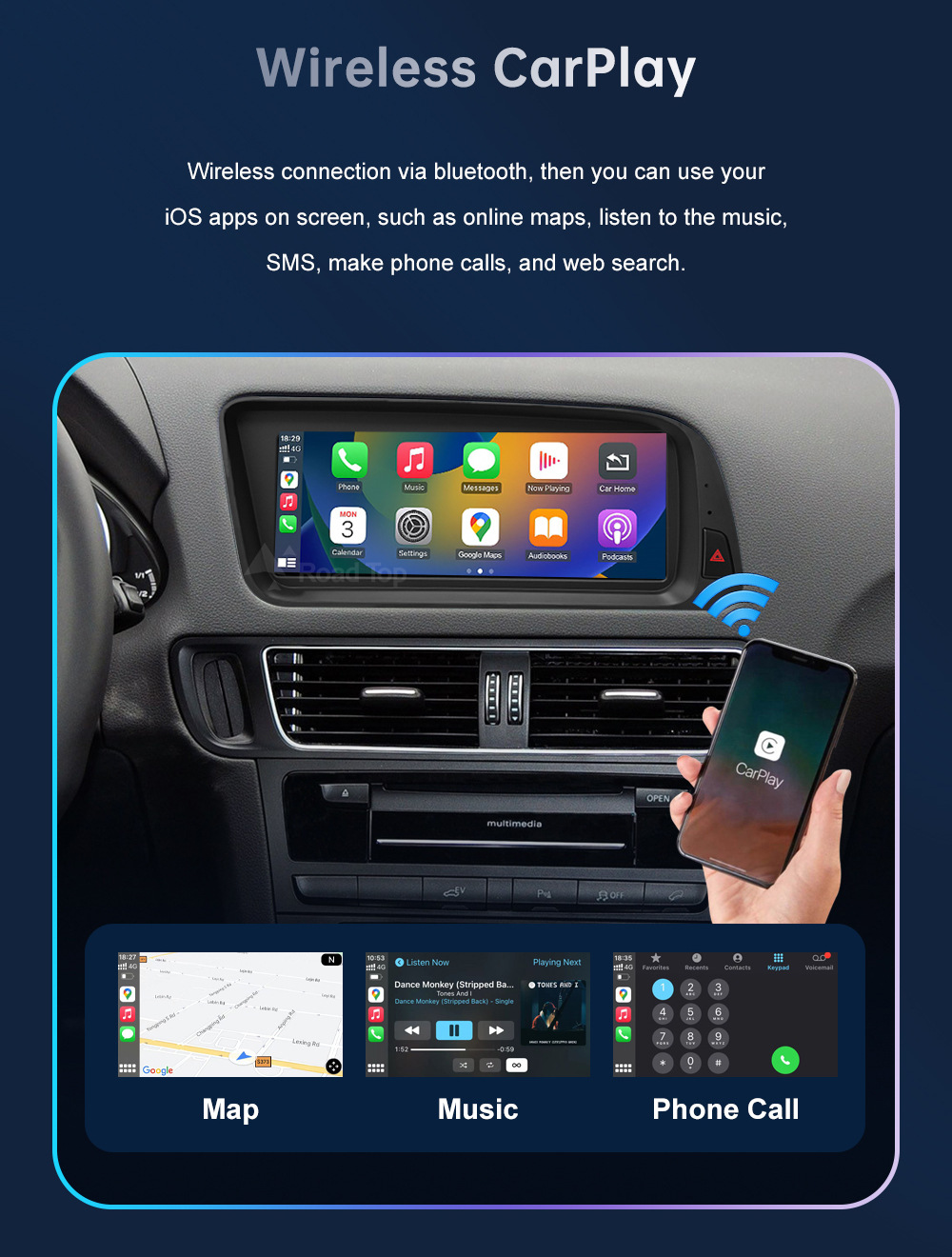 8.8 inch wireless CarPlay display for Q5 2009-2017 radio player