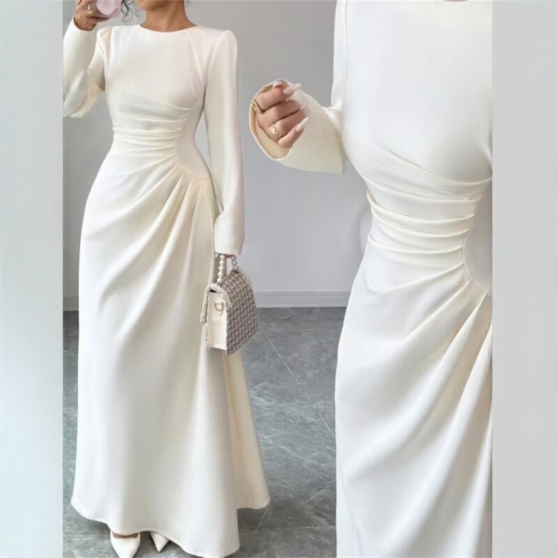 French-Style Elegant Waist-Cinching Long-Sleeved Dress for Women, High-End Satin Temperament, Slim-Fitting Mid-Length Dress French-Style Elegant Waist-Cinching Long-Sleeved Dress for Women, High-End Satin Temperament, Slim-Fitting Mid-Length Dress