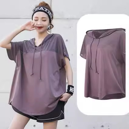 运动上衣 宽松跑步罩衫胖mm健身服速干T恤大码夏季薄款瑜伽短袖连
