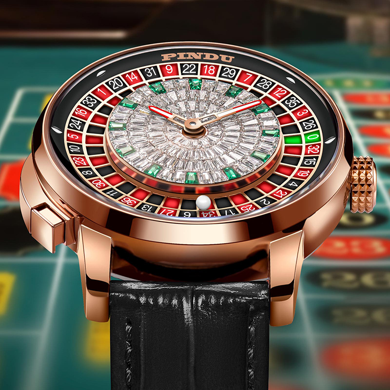 Đồng hồ nam cơ khí tự động mặt số kim cương, lộ máy kiểu roulette — Vỏ hoa hồng, da đen., Da màu xanh vỏ hoa hồng, Vỏ hoa hồng, vỏ xanh., Thắt lưng lưới vỏ hoa hồng
