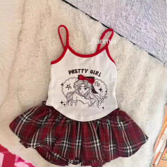 2024不規則撞色格紋高腰A字裙女童夏季韓版復古百搭防走光短裙褲