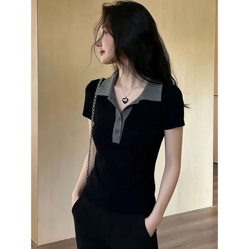 Chic Color-Blocked Lapel Button Short-Sleeve Pure Cotton T-Shirt for Women, Slim Fit, Summer, Petite, High-End Feel, Collared Top