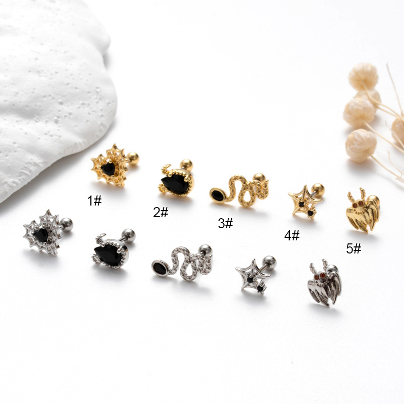 2 pezzi orecchini a doppia testa in zircone nero con vite in acciaio inossidabile, asta sottile, orecchini alla moda per la foratura della cartilagine_voghion.com