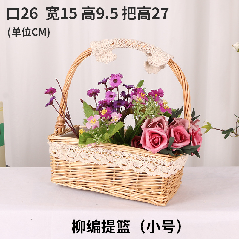Regalo DE LA MANO perla princesa cesta sauce ratán tejida olla verde rosa flor niños foto cesta arco cinta portátil flor cesta